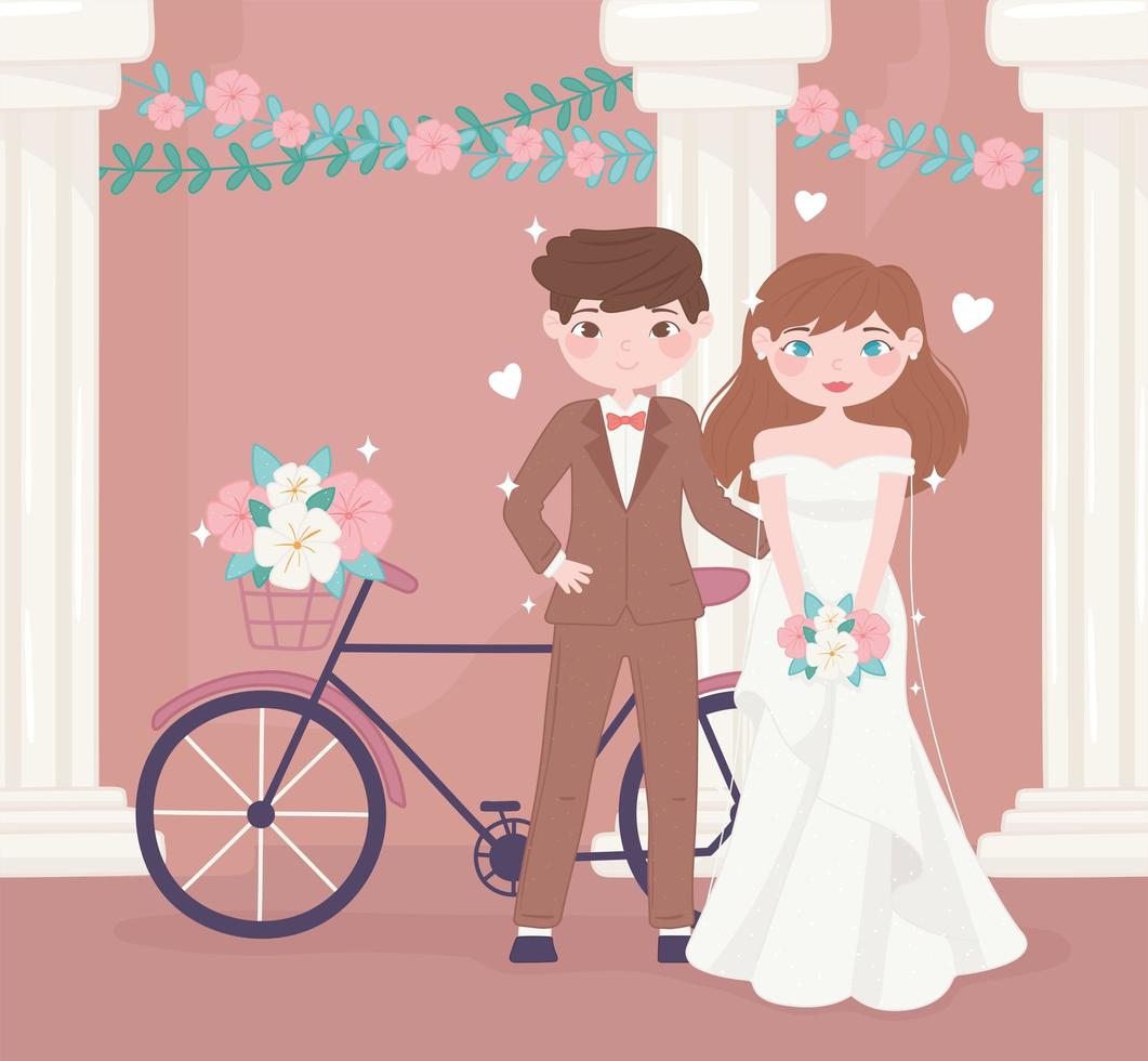 couple de mariage avec vélo vecteur