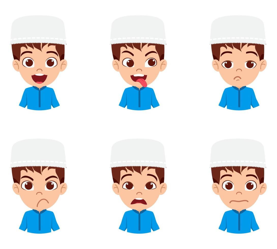 heureux mignon beau garçon arabe musulman avatar de personnage portant une tenue d'affaires musulmane avec différentes expressions faciales et émotions vecteur