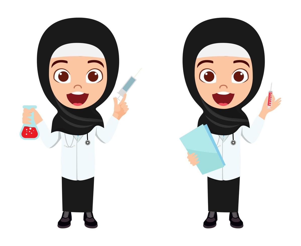heureux mignon enfant musulman arabe médecin infirmière personnage portant une tenue de médecin infirmière et hijab debout tenant un tube à essai d'injection de fichier et faisant différentes actions vecteur