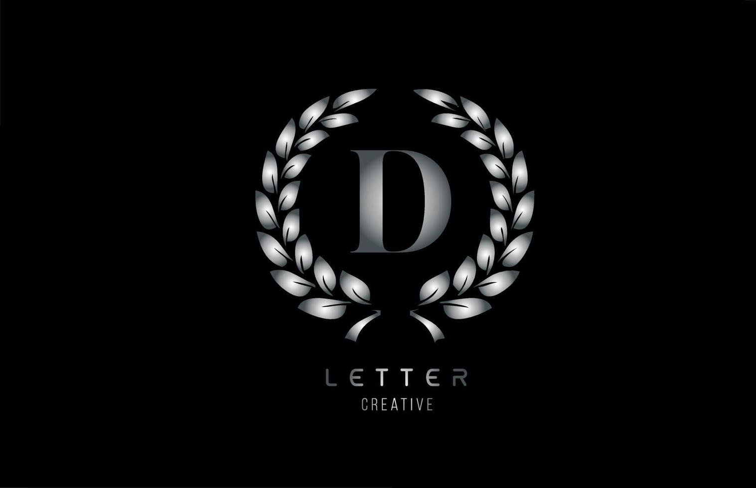 icône du logo de la lettre de l'alphabet d en métal gris argenté avec un design floral pour l'entreprise et l'entreprise vecteur