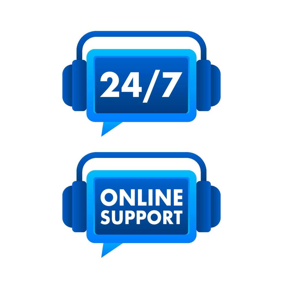 24 sept et en ligne soutien Icônes avec écouteurs, mettant en valeur 24 heures sur 24 client un service et l'Internet assistance pour entreprises et la toile prestations de service vecteur