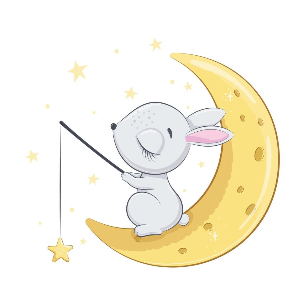 mignon bébé lapin dort sur la lune. vecteur