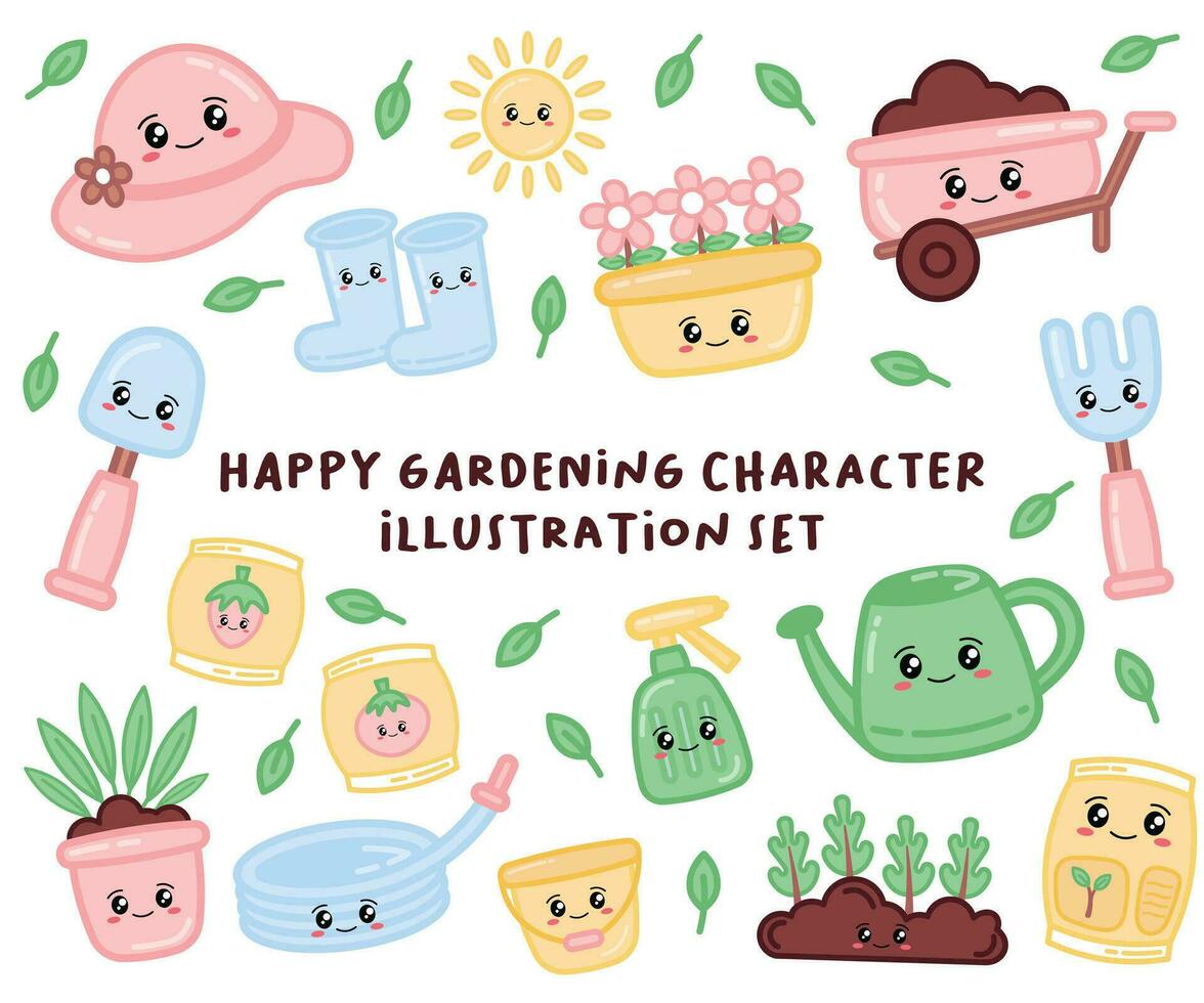 mignonne personnage jardinage illustration ensemble vecteur