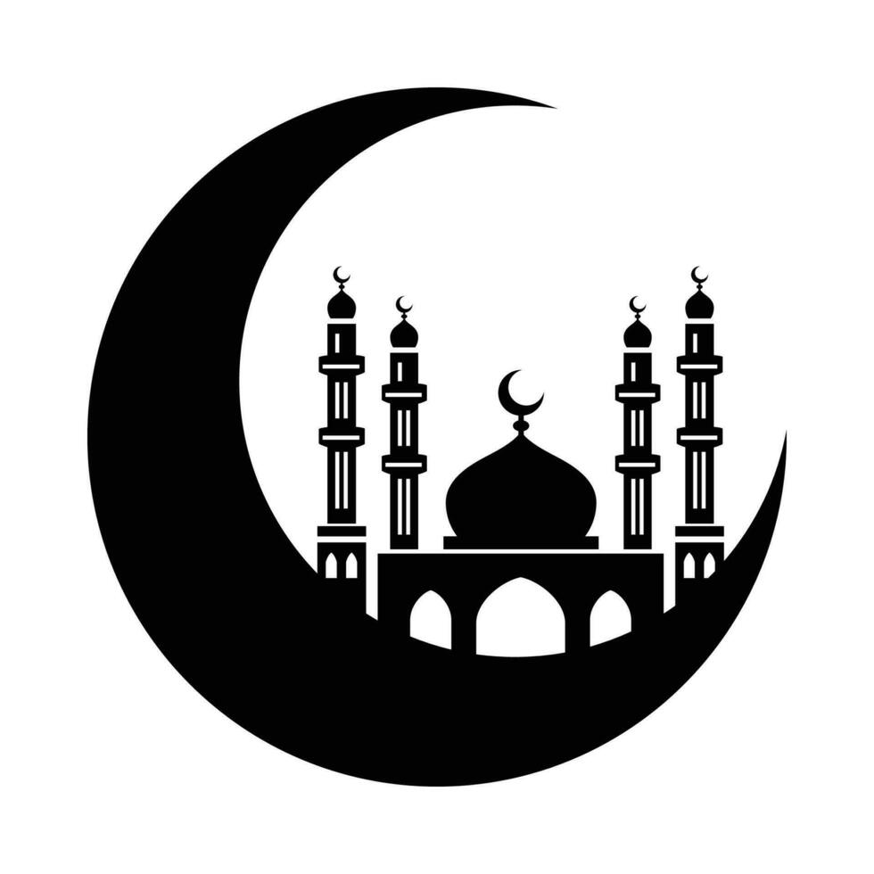 Ramadan mosquée et croissant lune main tiré vecteur