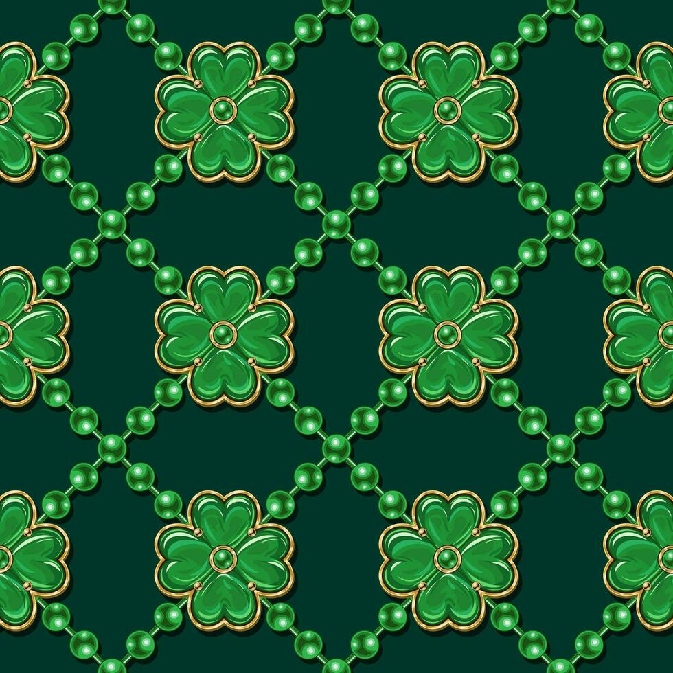 géométrique st patricks journée modèle avec perle cordes, breloques comme chanceux 4 feuilles trèfle. diagonale classique carré grille. ancien illustration dans bijoux style vecteur