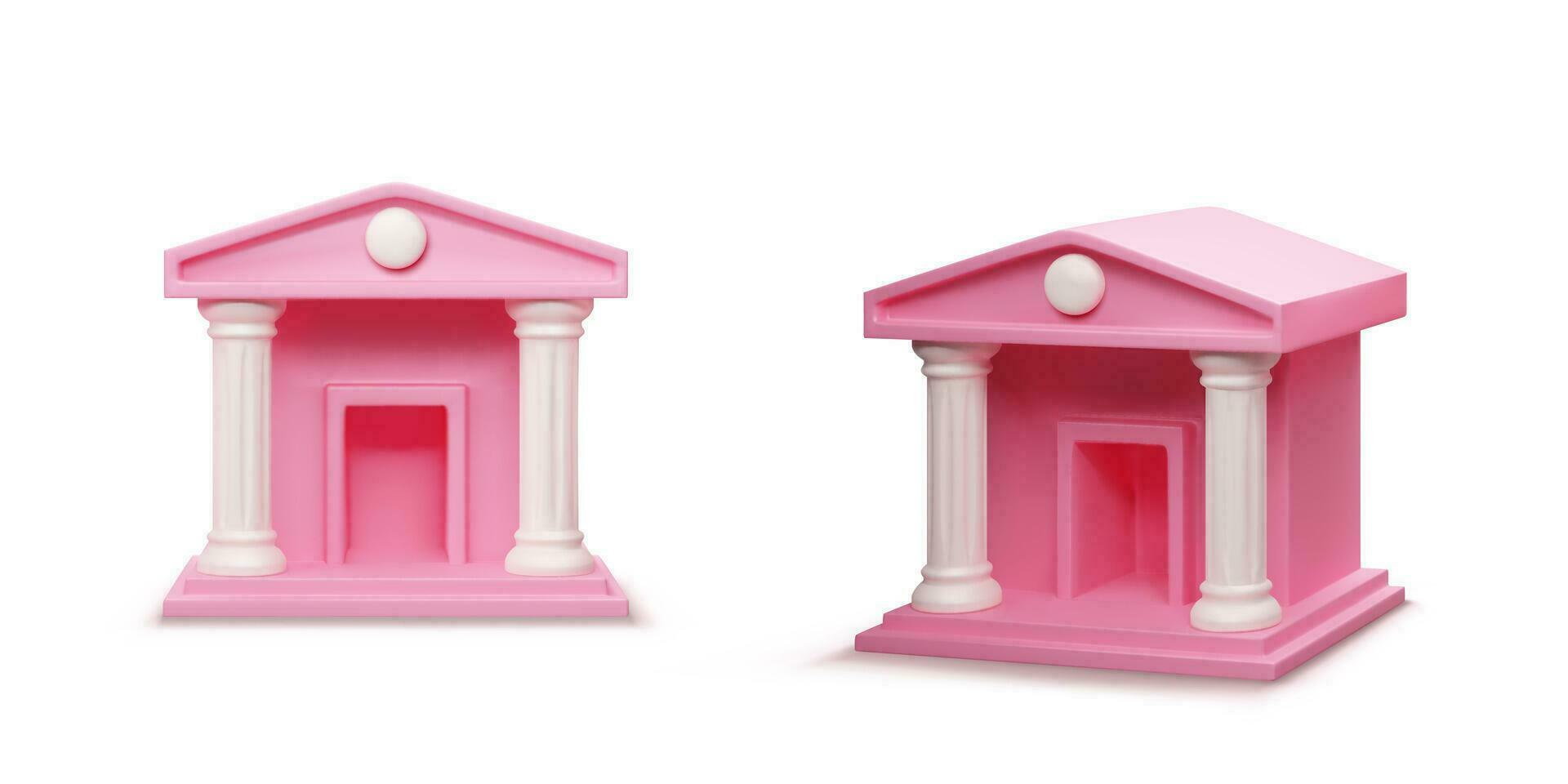 rose banque bâtiment dans différent point de vues. en ligne bancaire ou banque transactions et un service concept. 3d réaliste illustration dans dessin animé style. vecteur