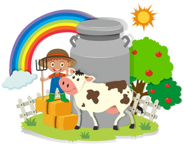 Agriculteur travaillant dans la ferme avec une vache vecteur