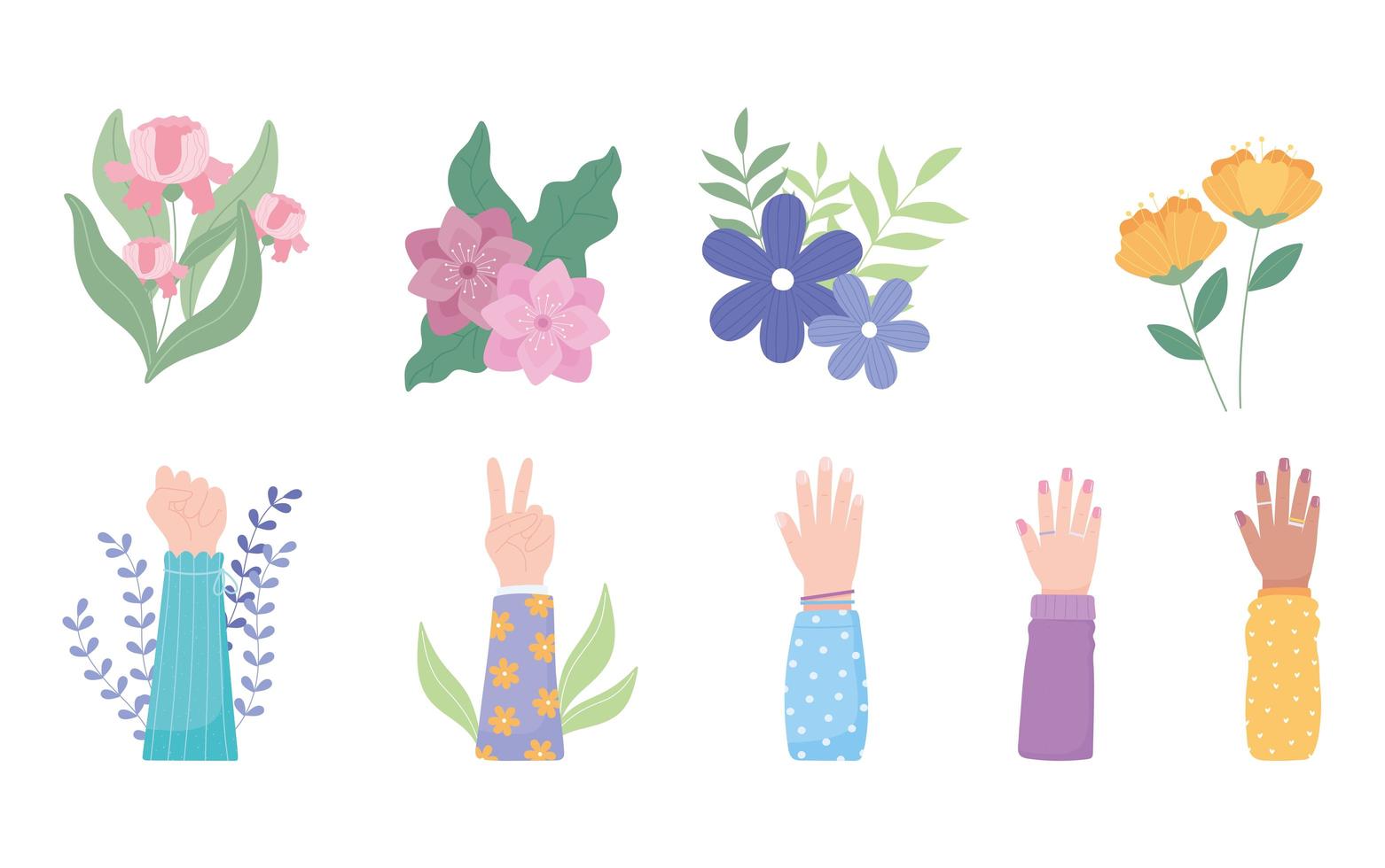 journée de la femme, les mains des femmes avec la décoration de la nature des fleurs vecteur