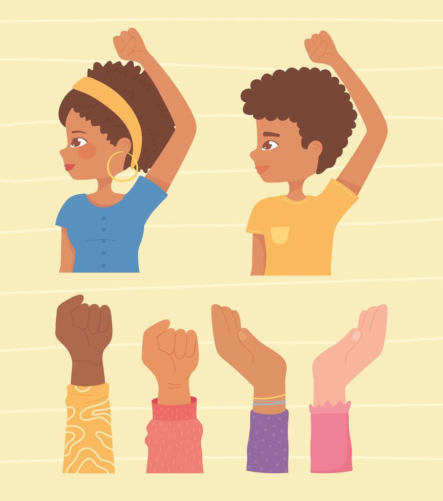 fille garçon afro-américain et dessin animé mains en l'air vecteur