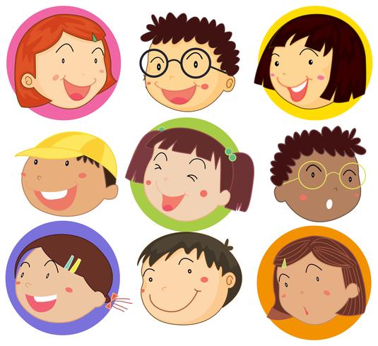 Enfants avec un visage heureux sur des badges ronds vecteur