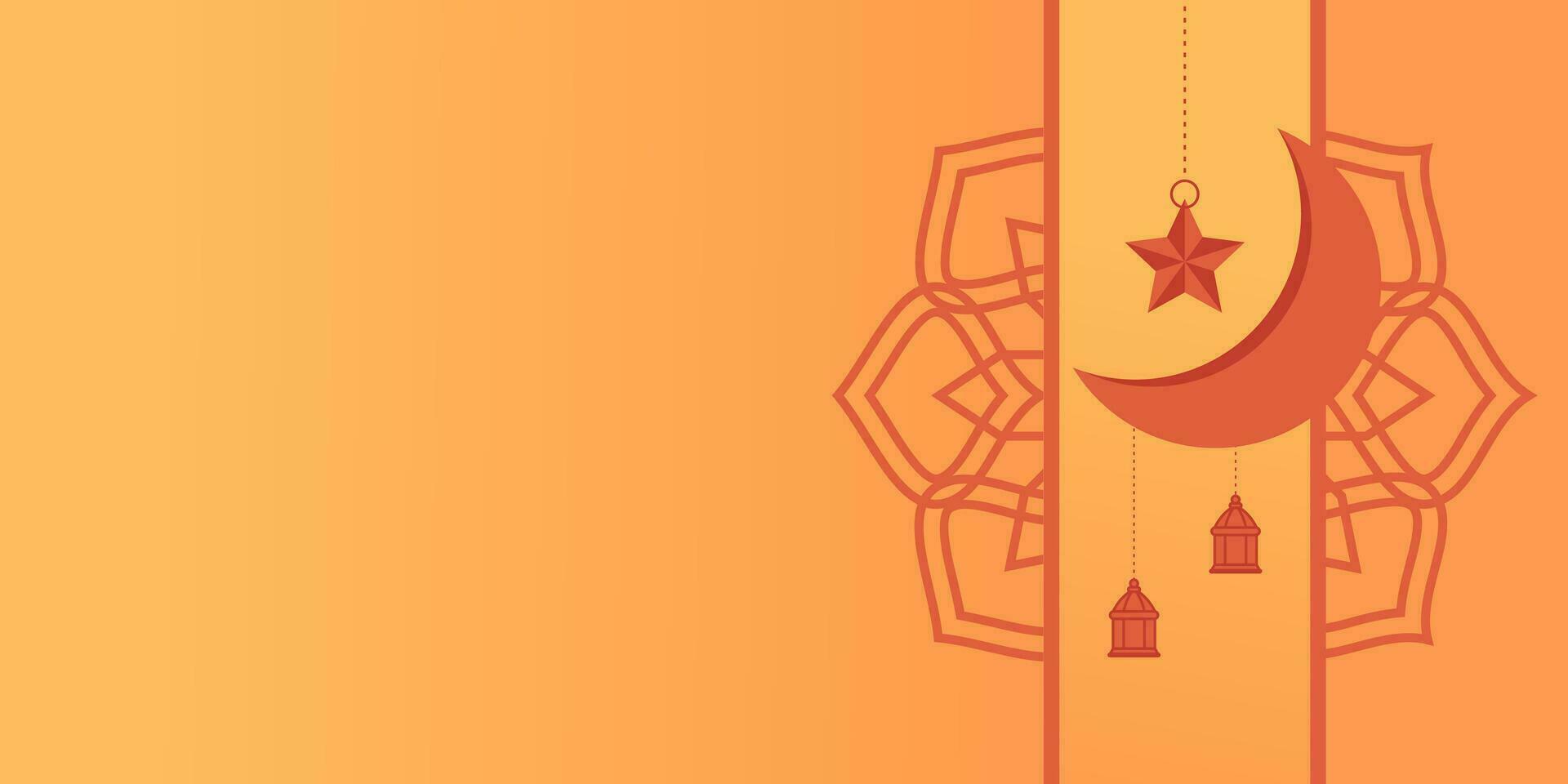 Orange islamique arrière-plan, avec mandala, lune, étoiles et lanterne ornements. gratuit copie espace zone. vecteur modèle pour bannière, salutation carte pour islamique vacances, eid al fitr, Ramadan, eid al-adha