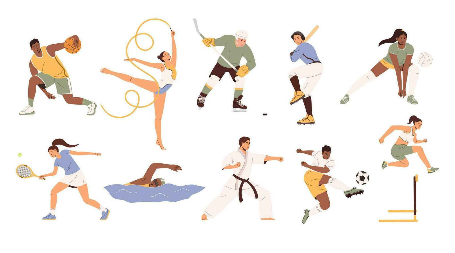 les athlètes ensemble. basket-ball, tennis, football et football, volley-ball, le hockey et base-ball joueurs, gymnastique, karaté, coureur de haies coureur et nageur. plat vecteur illustration isolé sur blanc Contexte