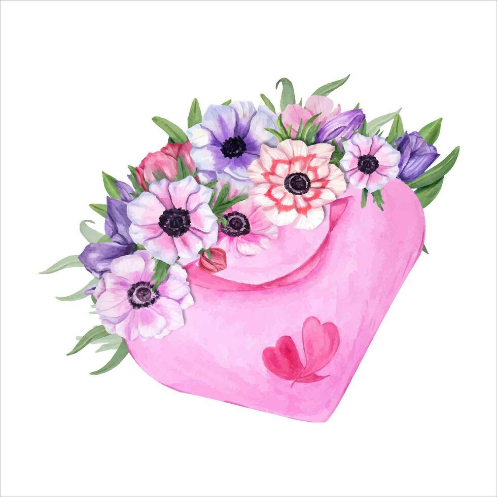 bouquet de aquarelle anémone dans rose enveloppe. multicolore fleurs, vert feuilles vecteur