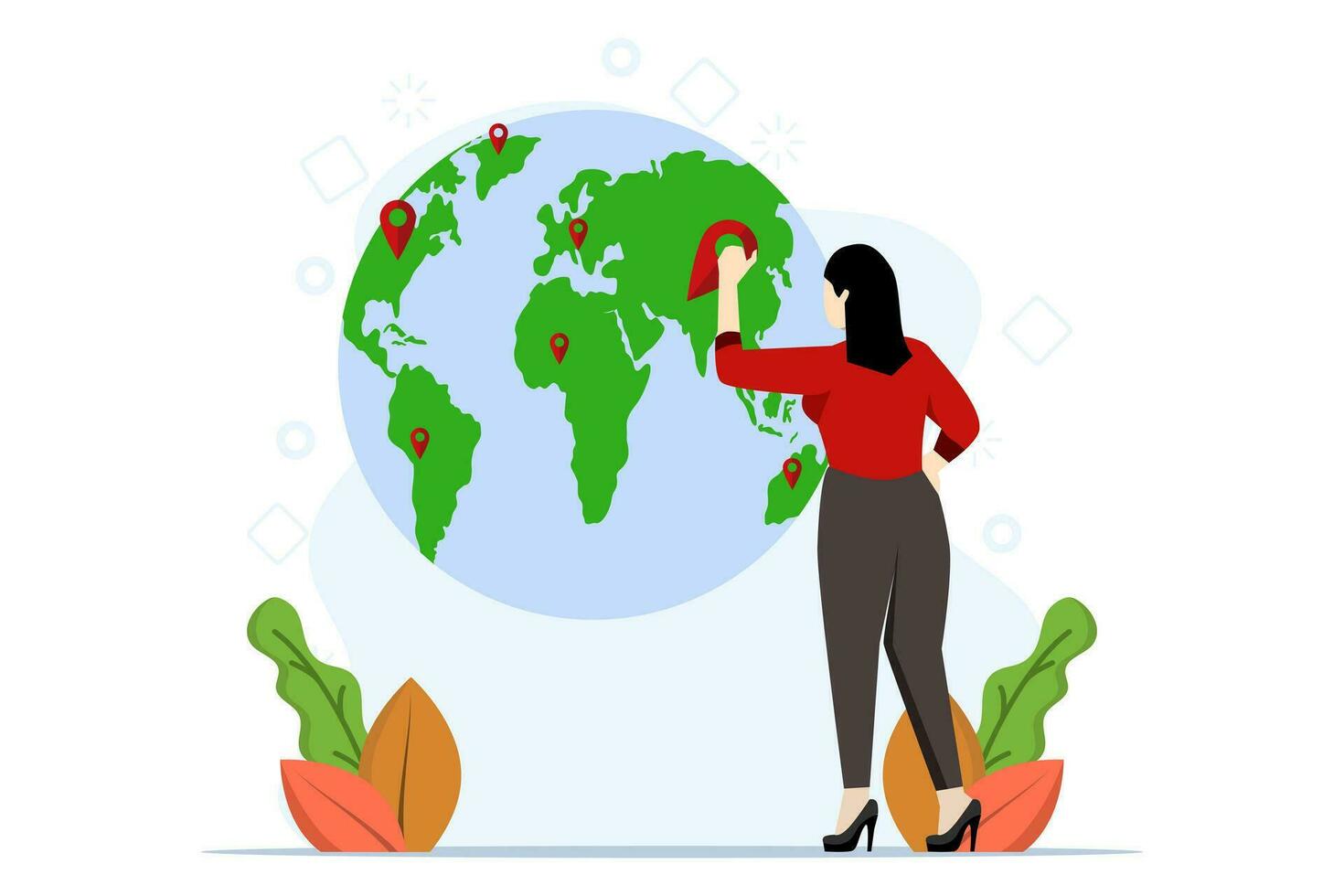 ouverture une entreprise bifurquer, expansion affaires mondial, femme d'affaires en mettant Nouveau branche sur le monde carte, global affaires expansion, franchisage dans Nouveau Emplacements couvrant tout continents. vecteur