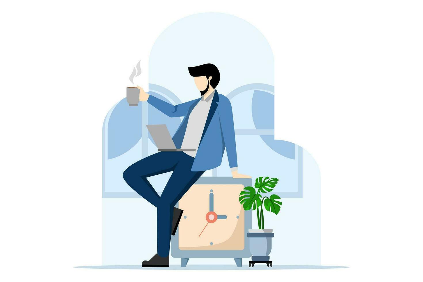 homme d'affaire relaxant avec une tasse de café ou thé avec alarme horloge, temps de concept, gratuit de ennui, somnolent et fatigué concept, café Pause temps à se détendre et rafraîchir de longue intervalles de stress. vecteur