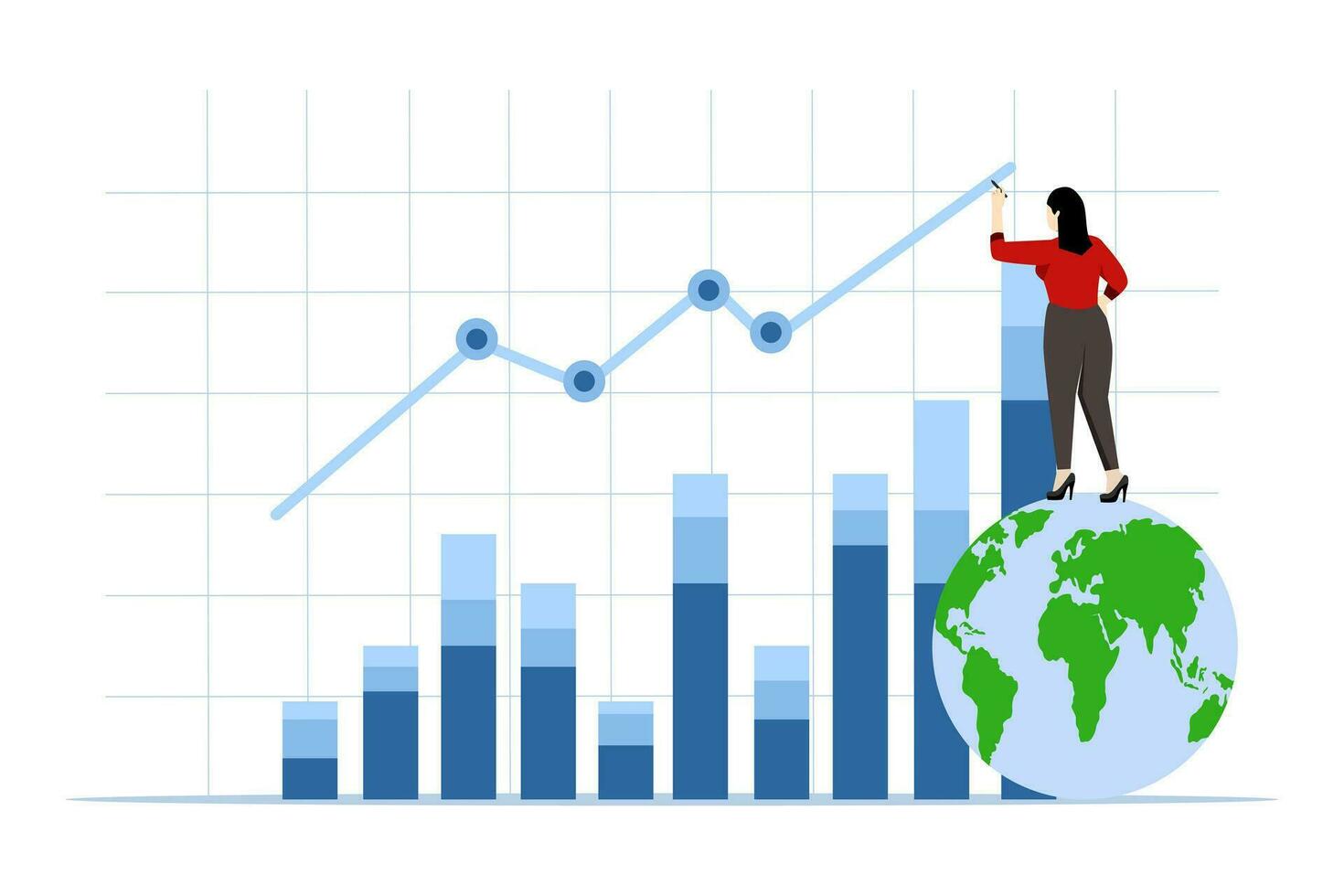 monde économie, financier statistiques ou investissement données, global Stock marché diagramme ou international économie concept, expert homme d'affaire permanent sur Terre dessin financier graphiques et graphiques. vecteur