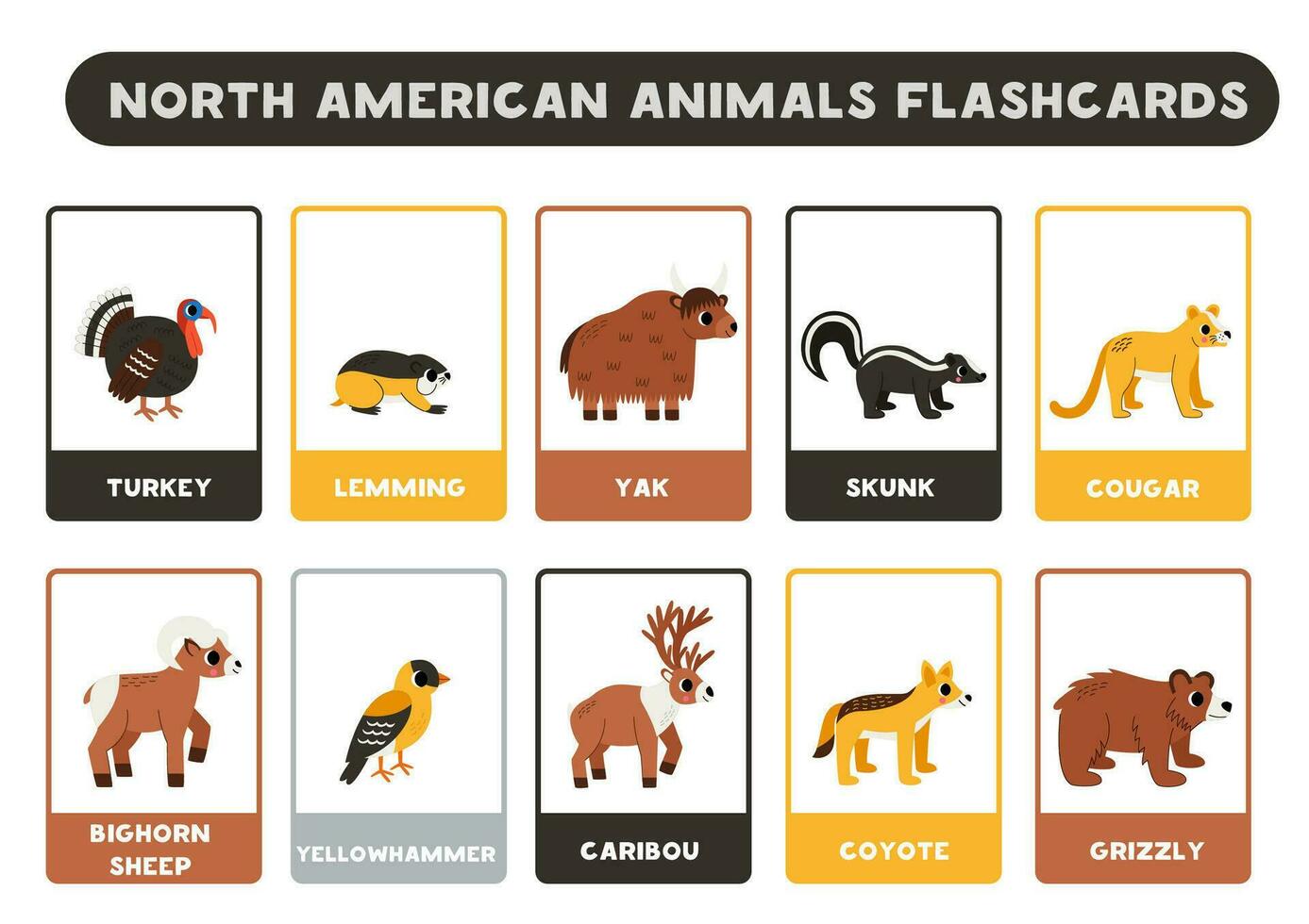 mignonne Nord américain animaux avec des noms. flashcards pour apprentissage Anglais. vecteur