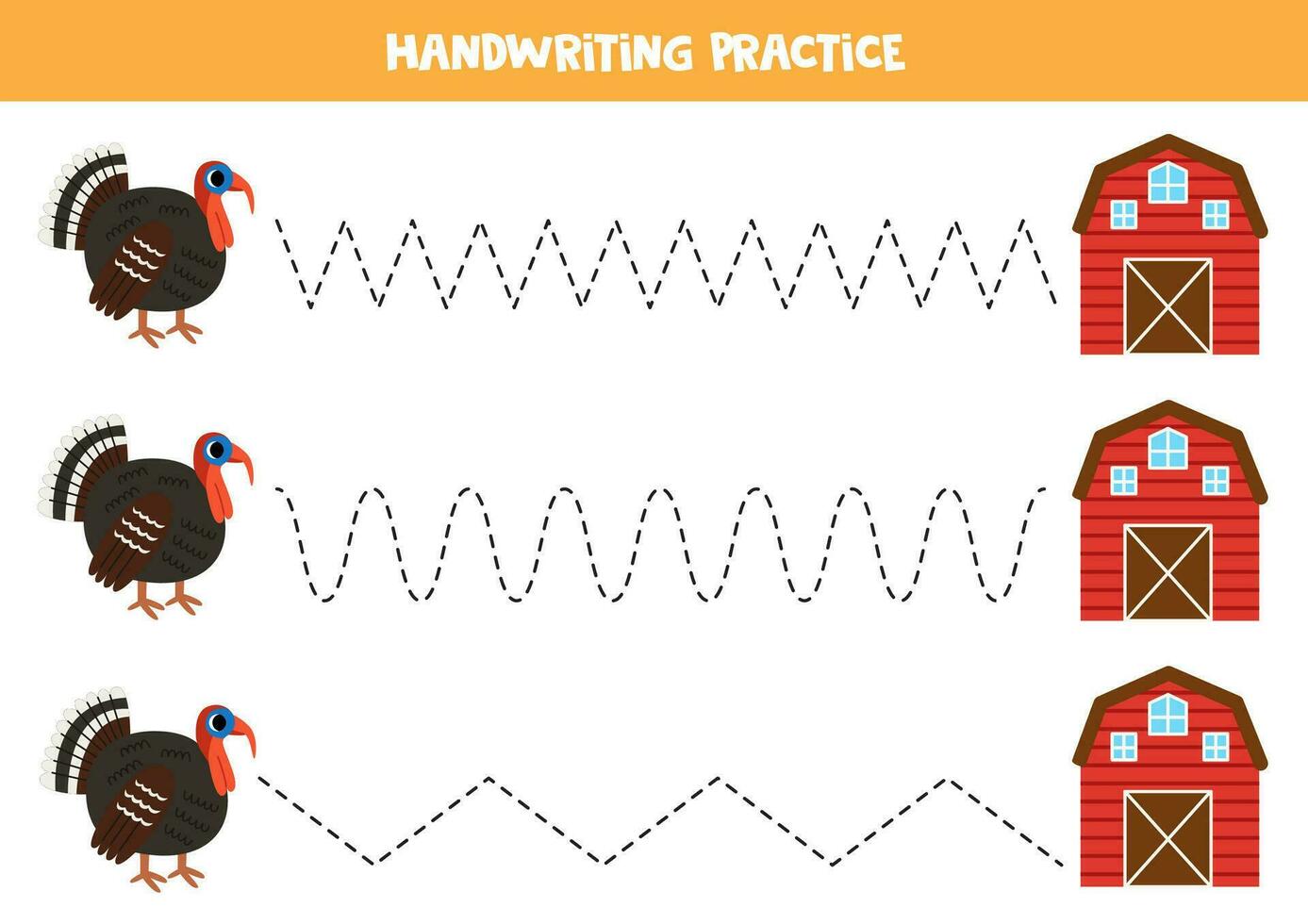 tracé lignes pour enfants. mignonne dessin animé dinde oiseau et rouge ferme Grange. écriture entraine toi. vecteur