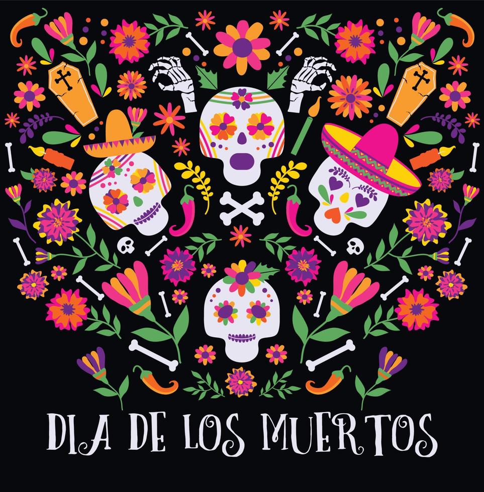 jour des morts, dia de los muertos, bannière avec des fleurs et des icônes mexicaines colorées. fiesta, affiche de vacances, flyer de fête, carte de voeux drôle vecteur