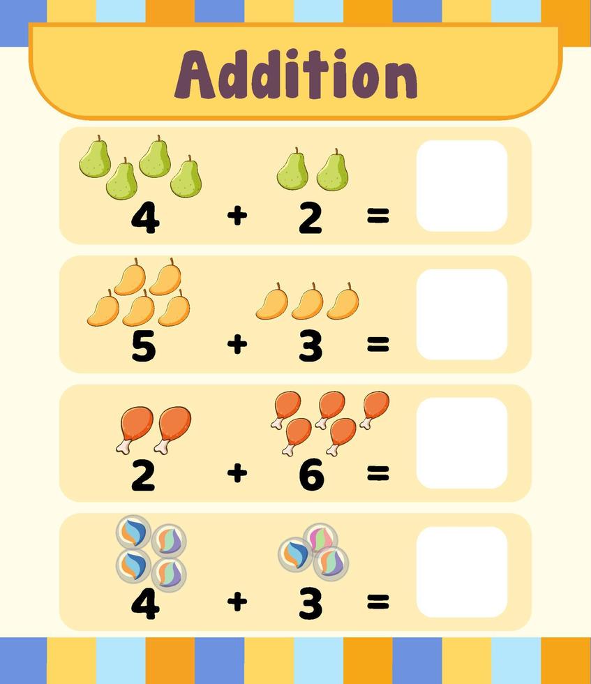 modèle de feuille de calcul mathématique d'addition préscolaire vecteur