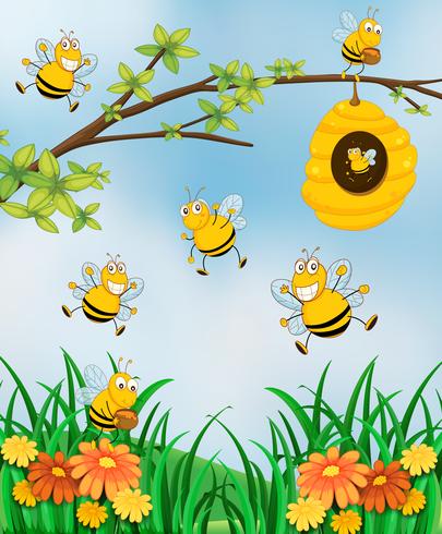 Scène avec abeilles et ruche dans le jardin vecteur