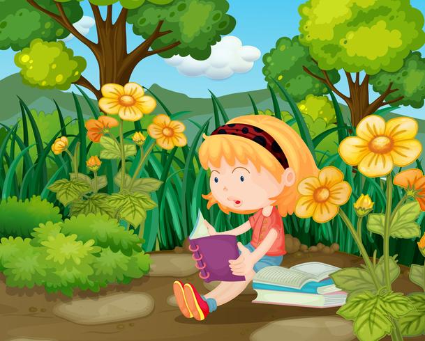 Petite fille lisant des livres dans un jardin de fleurs vecteur