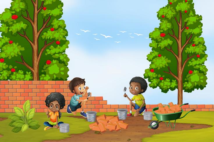 Trois enfants superposant des briques dans le jardin vecteur