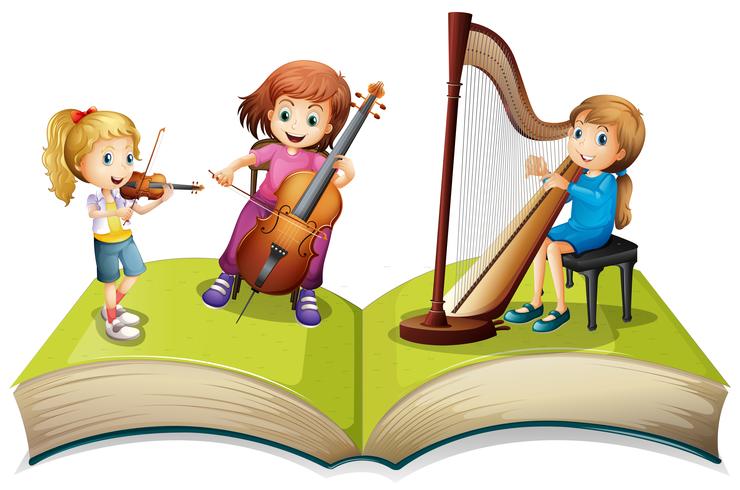 Enfants jouant de la musique sur un livre pour enfants vecteur