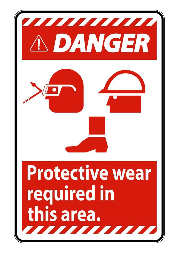 des vêtements de protection contre les signes de danger sont requis dans cette zone.avec des lunettes, un casque et des symboles de bottes sur fond blanc vecteur