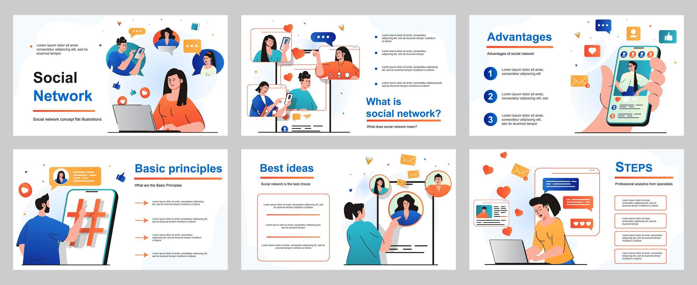 concept de réseau social pour le modèle de diapositive de présentation. les gens parcourent les flux, suivent les profils d'amis, publient des photos, commentent et aiment, la communication en ligne. illustration vectorielle pour la conception de la mise en page vecteur