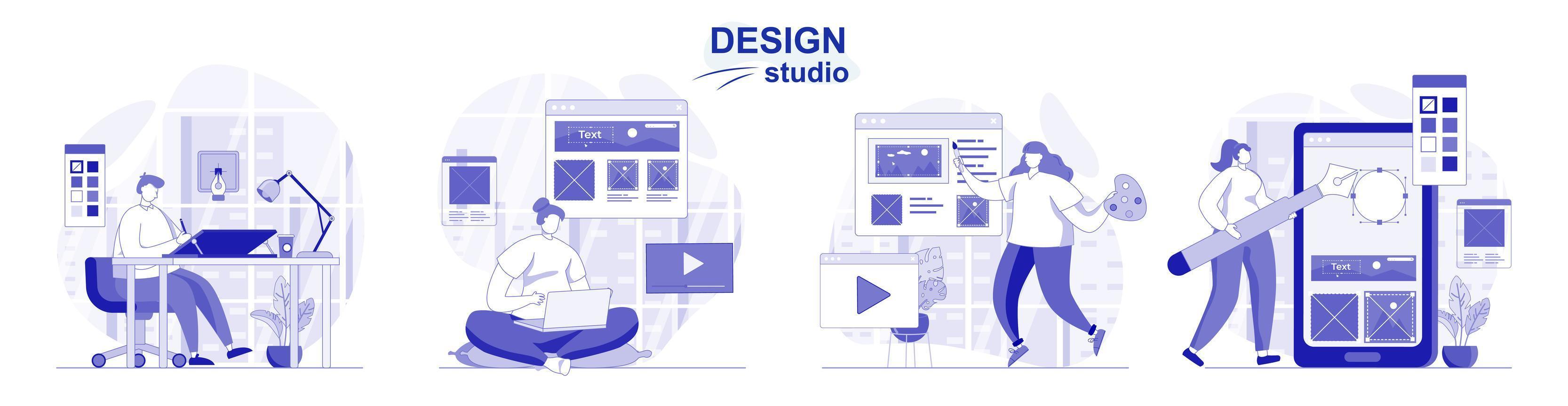 studio de design isolé situé dans un design plat. les gens dessinent des éléments graphiques et créent du contenu Web, une collection de scènes. illustration vectorielle pour les blogs, site Web, application mobile, matériel promotionnel. vecteur