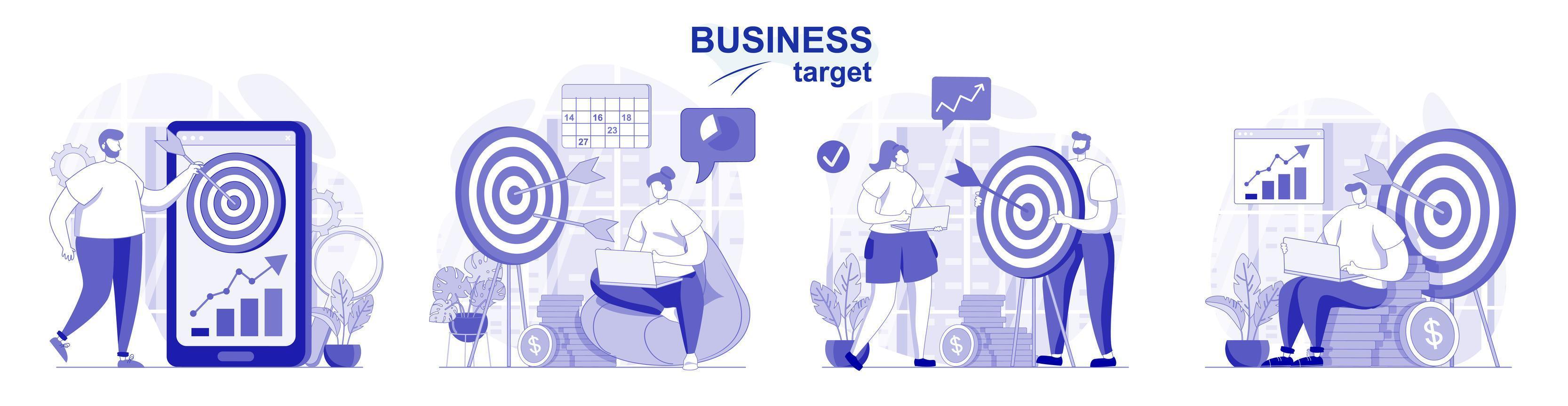 cible commerciale isolée définie dans un design plat. objectifs de réalisation des personnes, développer une collection de scènes de stratégie de réussite. illustration vectorielle pour les blogs, site Web, application mobile, matériel promotionnel. vecteur