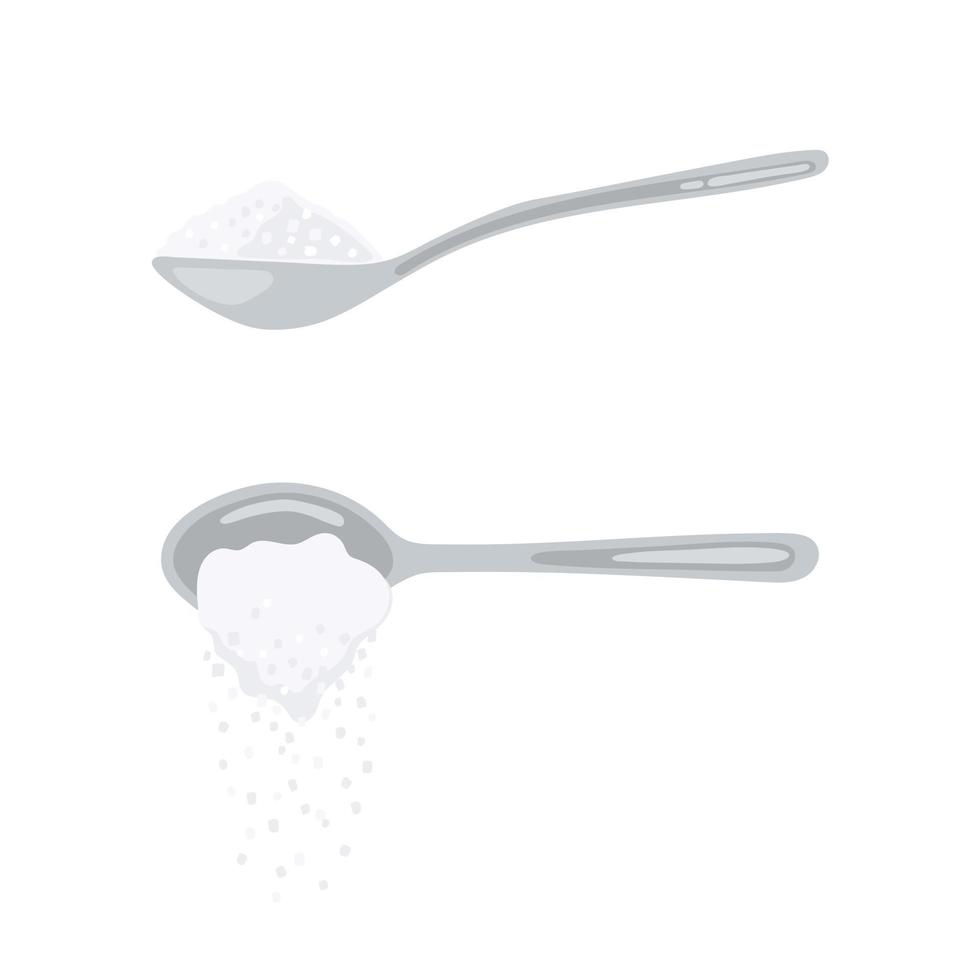 cuillère à sucre pleine de cristaux de poudre de sel ou de sucre ensemble d'illustrations vectorielles. vecteur