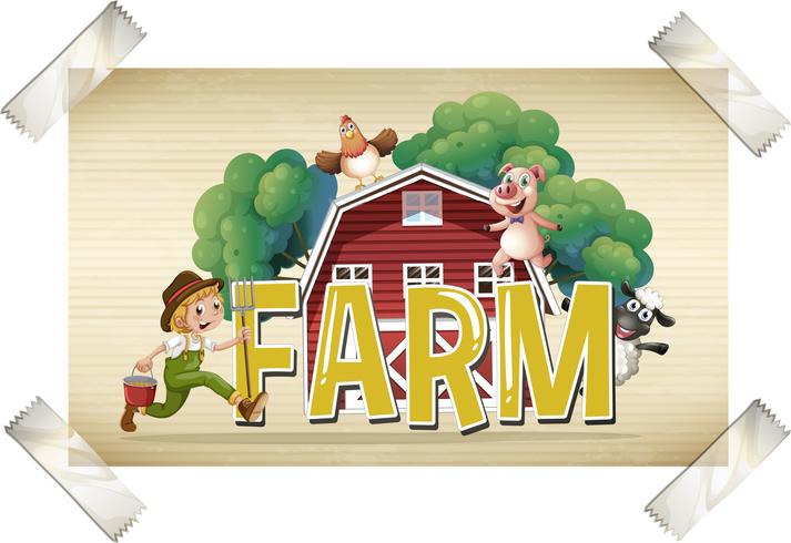 Flashcard pour mot ferme avec fermier et animaux vecteur