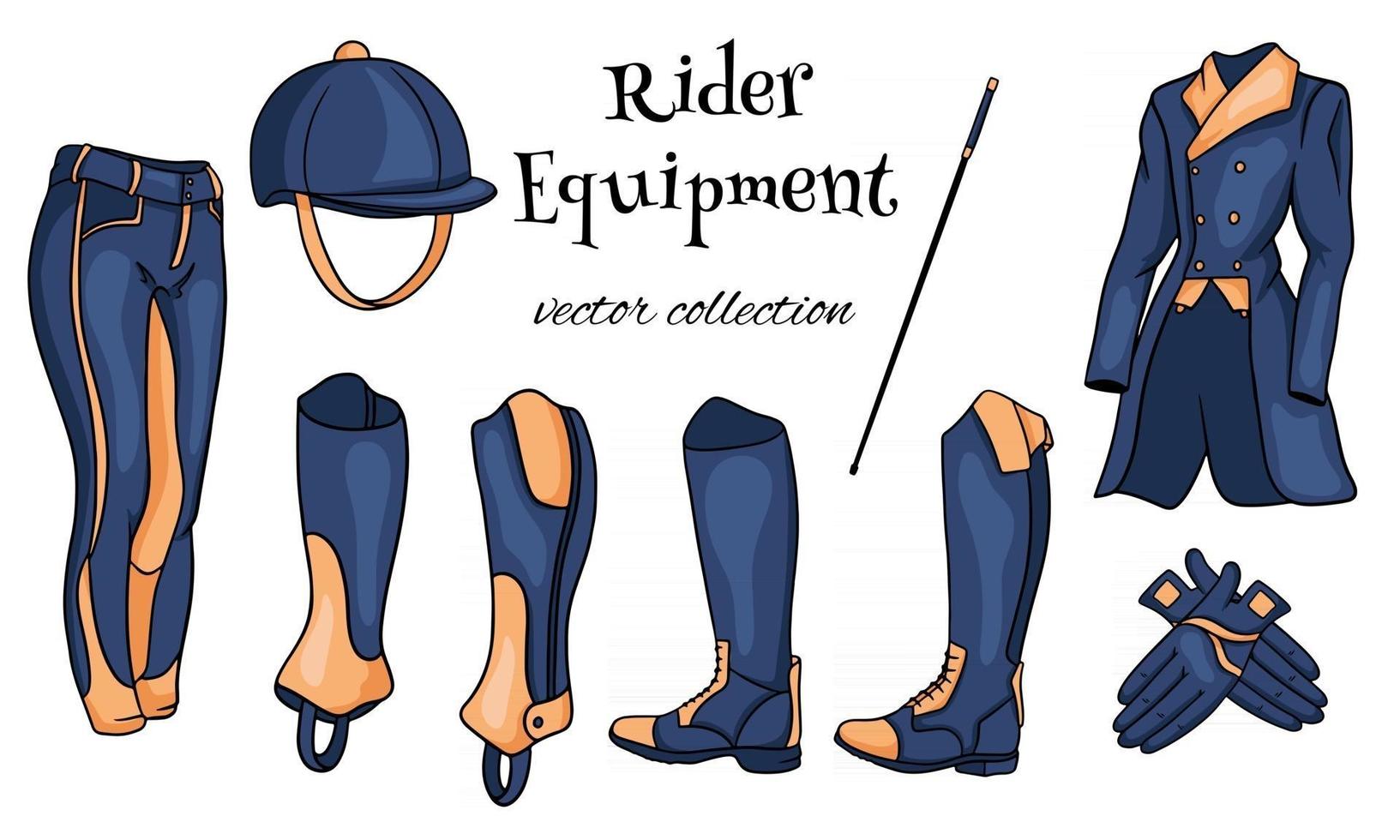 Cavalier de tenue un ensemble de vêtements pour un pantalon de pedjak de bottes de jockey fouetter le casque en style cartoon vecteur