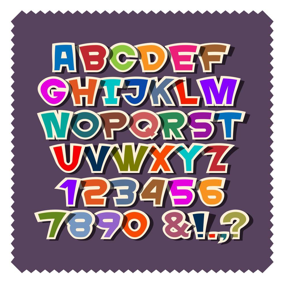 jolies lettres de l'alphabet en papier coloré, chiffres et signes de ponctuation vecteur