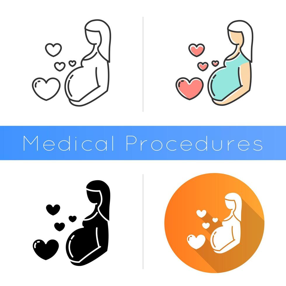 icône de soins de grossesse. période prénatale. maternité, parentalité. attend bébé, enfant. visite de contrôle gynécologique. procédure médicale. design plat, styles linéaires et de couleur. illustrations vectorielles isolées vecteur