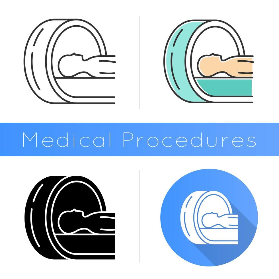 icône de tomographie. scanner cérébral. contrôle du risque de tumeur cancéreuse. diagnostic de maladie. examen de la maladie. équipements hospitaliers. évaluation de la santé. design plat, styles linéaires et de couleur. illustrations vectorielles isolées vecteur