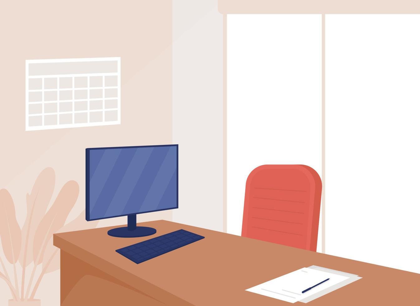 illustration vectorielle de couleur plate au travail des employés. bureau avec ordinateur et document. table dans l'espace de travail pour le travailleur. intérieur de dessin animé 2d d'entreprise avec des meubles sur fond vecteur