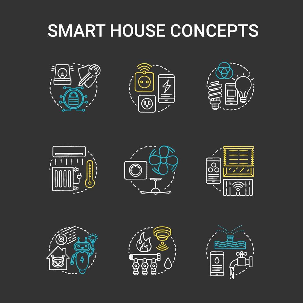 Jeu d'icônes de concept de craie de maison intelligente. technologie innovante pour l'idée d'appartements. détecteur de fumée. Contrôle du climat. automatisation de la maison. robots et technologie. illustration de tableau isolé de vecteur