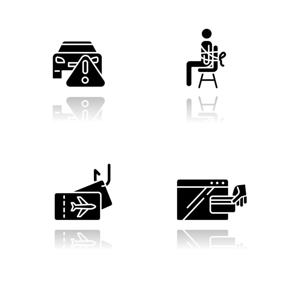 types d'escroquerie jeu d'icônes de glyphe noir ombre portée vecteur