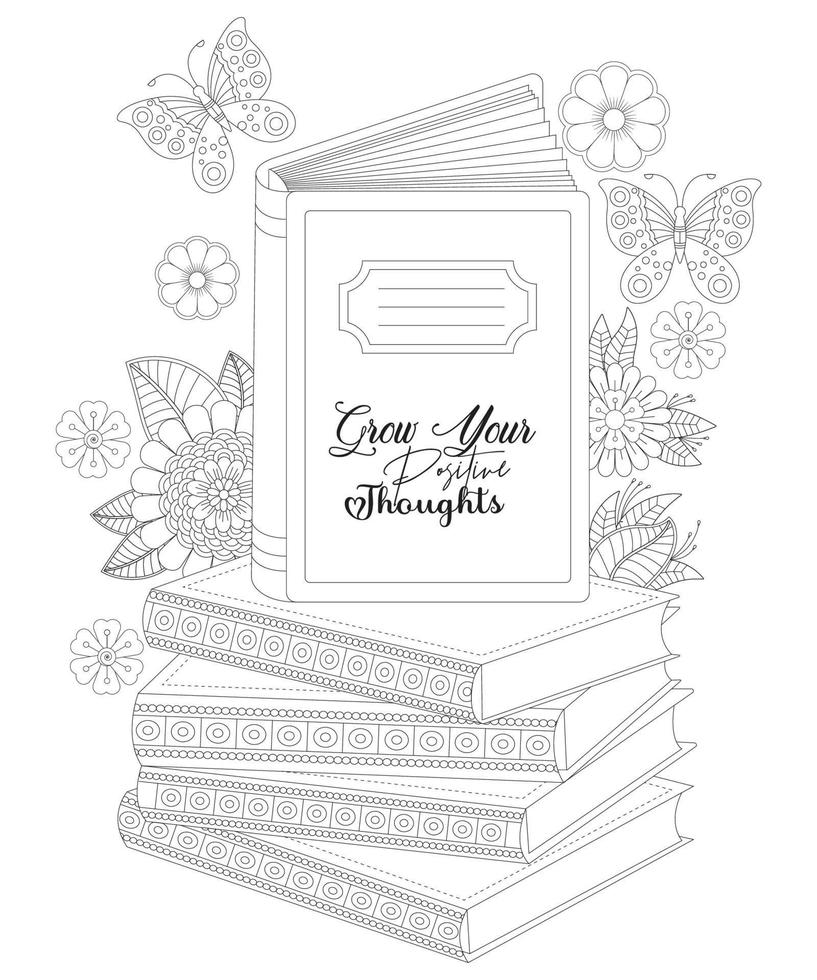 livre ouvert noir et blanc page de livre de coloriage pour adulte. livre de lecture page de coloriage floral. vecteur