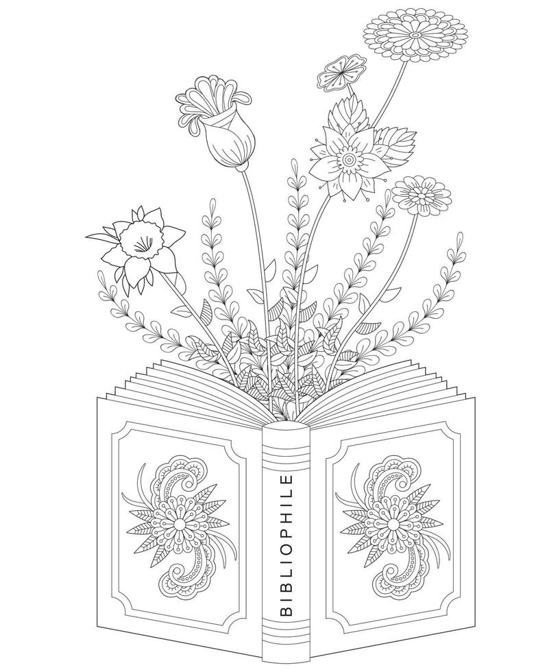 livre de lecture page de coloriage floral. livre ouvert noir et blanc page de livre de coloriage pour adulte vecteur