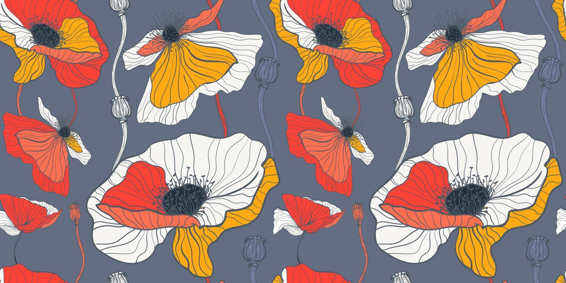 prairie pour les fleurs sauvages d'été. modèle sans couture avec des coquelicots blancs et rouges sur fond gris foncé vecteur