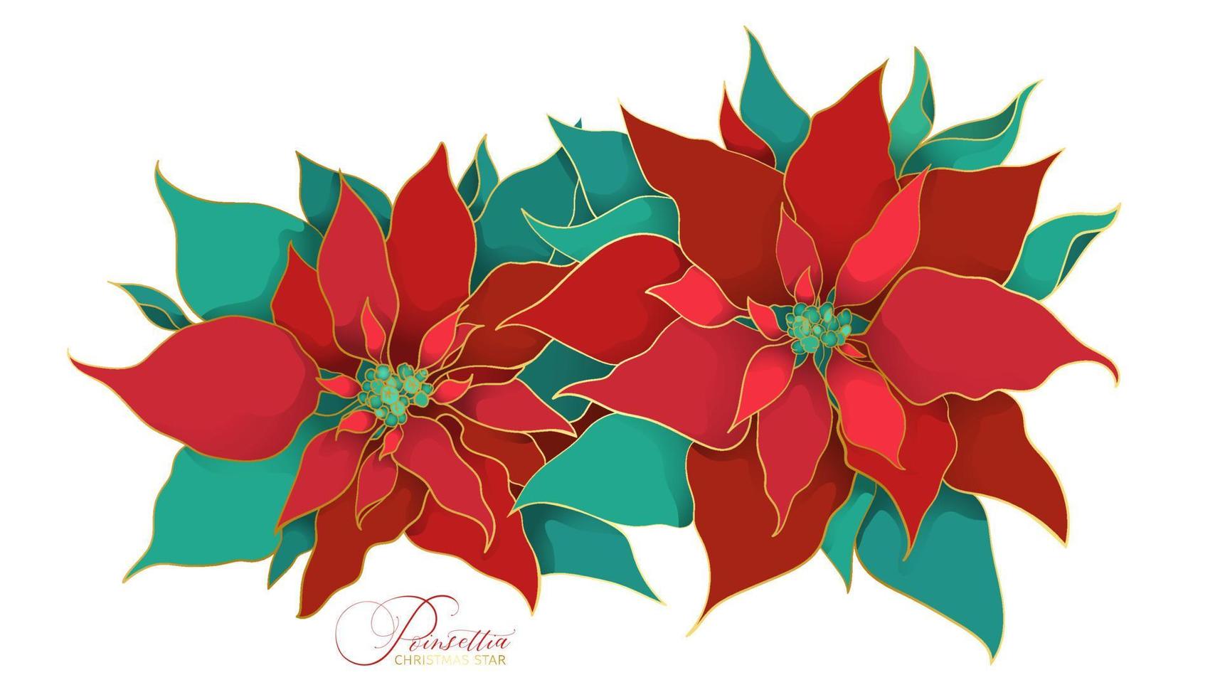 branche fleurie de poinsettia plante de noël. une branche de feuilles de soie verte et rouge avec une ligne dorée en filigrane dans une tendance asiatique. décorations élégantes et luxueuses pour les fêtes de noël vecteur