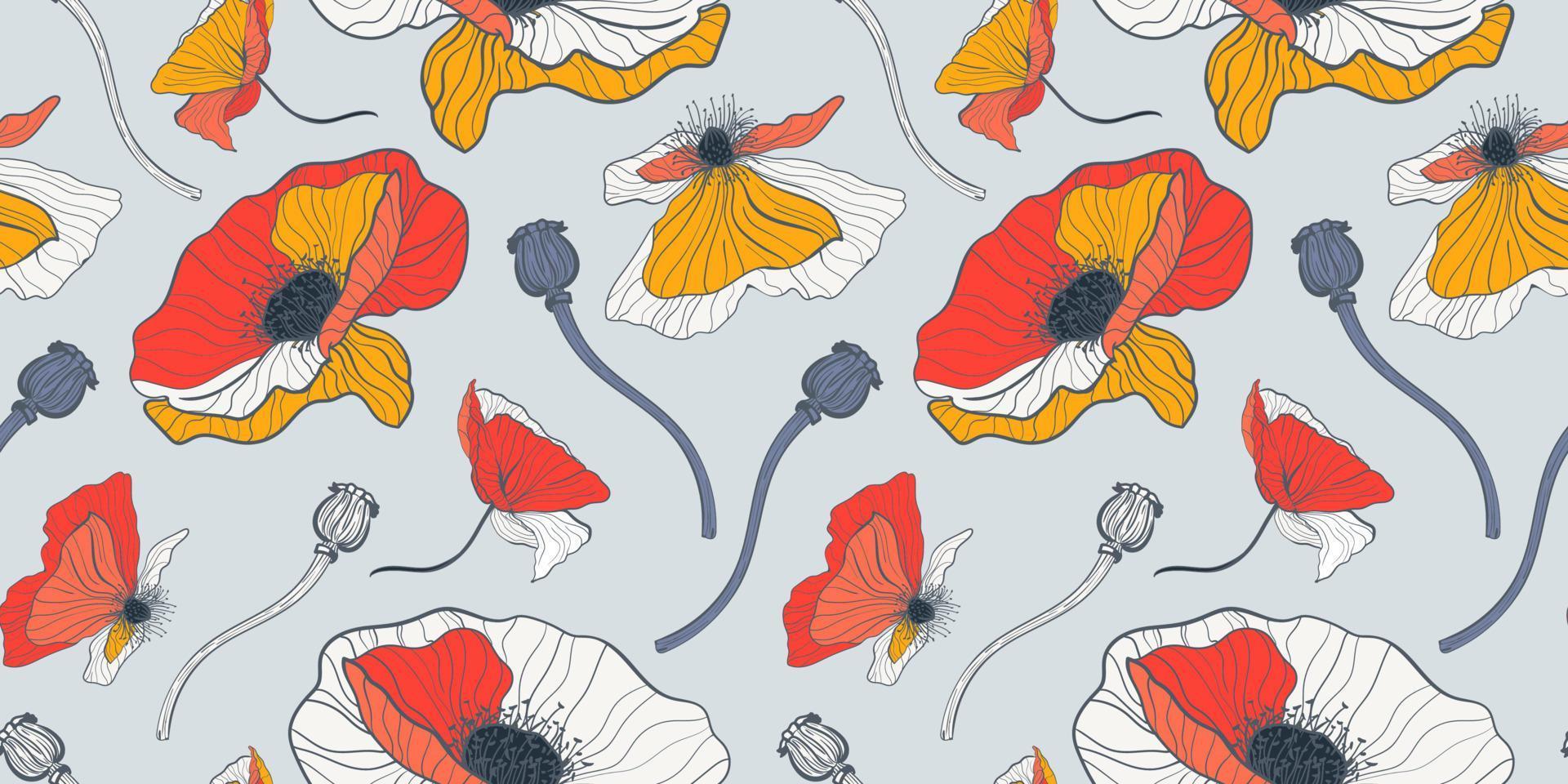 motif floral sans couture avec des coquelicots blancs et rouges sur fond gris clair. modèle de textiles botaniques d'été. vecteur