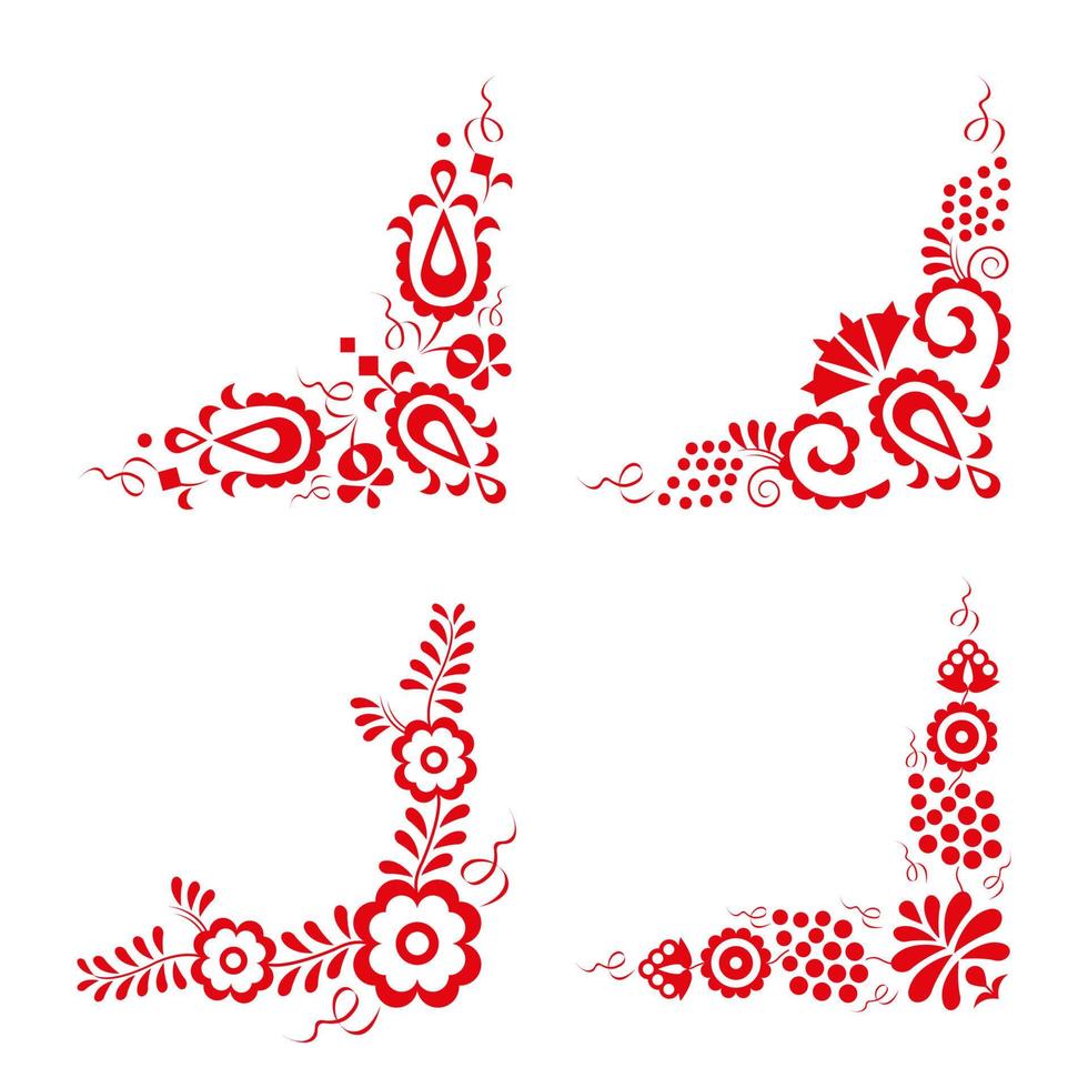ensemble de quatre ornements folkloriques traditionnels. broderie rouge isolée sur fond blanc. motif décoratif folklorique. illustration vectorielle vecteur