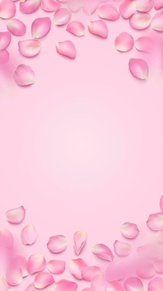vecteur Cadre avec mensonge Rose pétales, copie espace. verticale modifiable modèle avec endroit pour texte. fleur illustration de réaliste Sakura pétale avec ombre pour histoires, social médias bannière, Contexte.