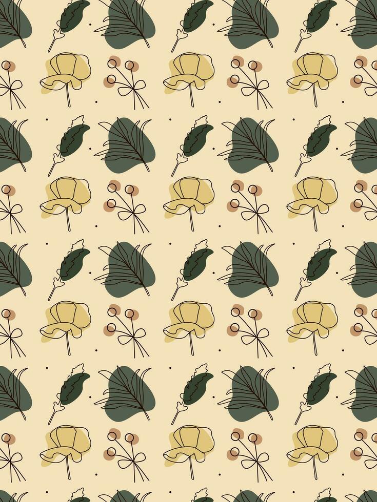 floral modèle dans un ligne style. feuilles et fleurs le long de avec tache taches dans pastel Naturel nuances. naturel, plante Contexte. sans couture vecteur modèle.