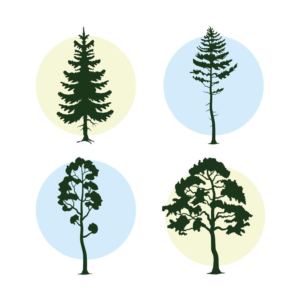 paquet de quatre arbres plantes forêt silhouettes vecteur